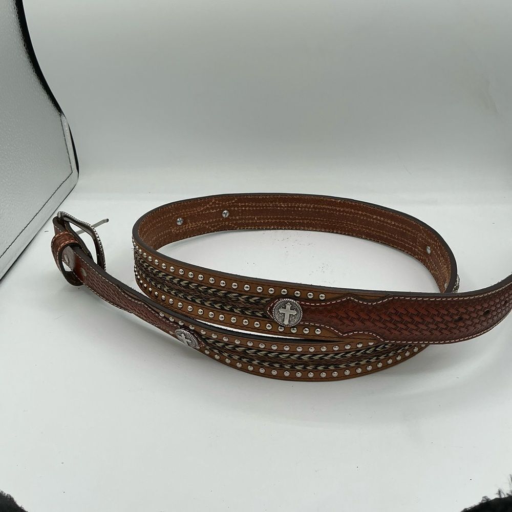NOCONA Rawhide Leather & Cross Conchos Western Belt Silver Buckle Cowboy
